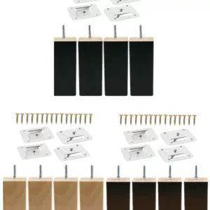 Zestaw nóg drewnianych prostokąt 12 cm z blaszkami montażowymi i wkrętami